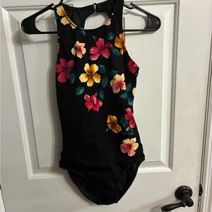 Jantzen Black Floral One-Piece Swimsuit with Pink Yellow and Teal Flowers